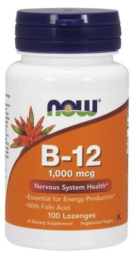 NOW Foods B-12 Chewables 1000mcg with Folic Acid 100 Lozenges
